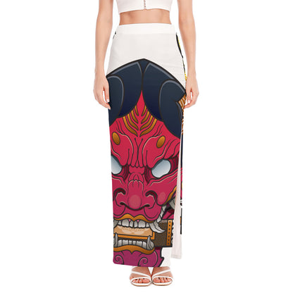 Japanese Demon Mask Print High Slit Maxi Skirt
