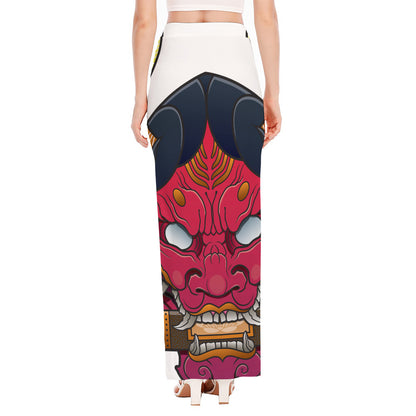 Japanese Demon Mask Print High Slit Maxi Skirt
