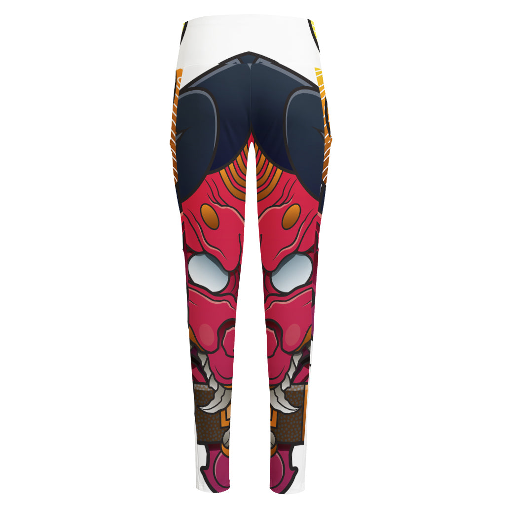 Japanese Demon Mask Print High-Waisted Pocket Leggings