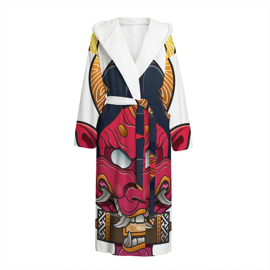 Japanese Demon Mask Print Hooded Bathrobe