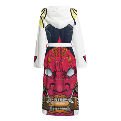 Japanese Demon Mask Print Hooded Bathrobe