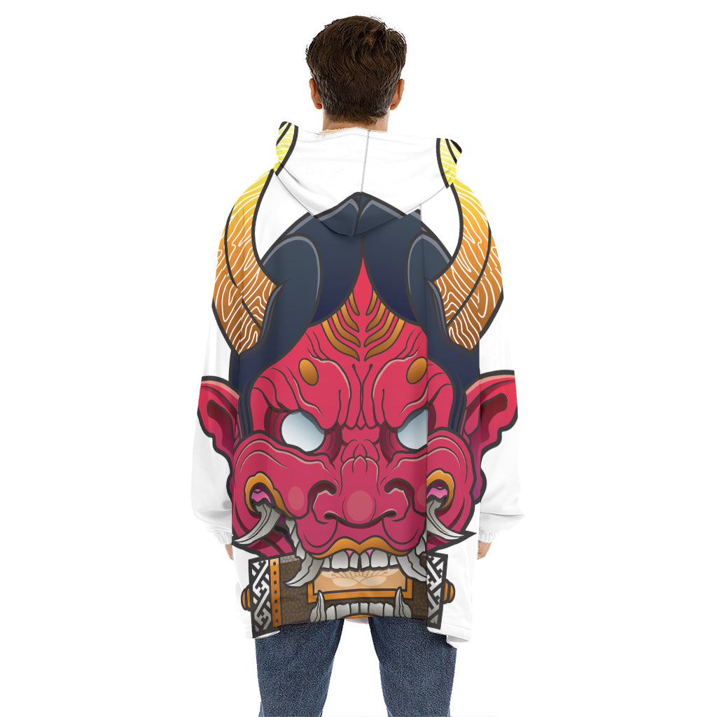 Japanese Demon Mask Print Hoodie Blanket