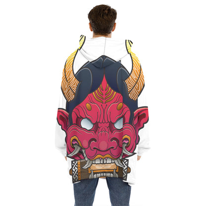 Japanese Demon Mask Print Hoodie Blanket