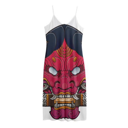 Japanese Demon Mask Print Jersey Midi Cami Dress