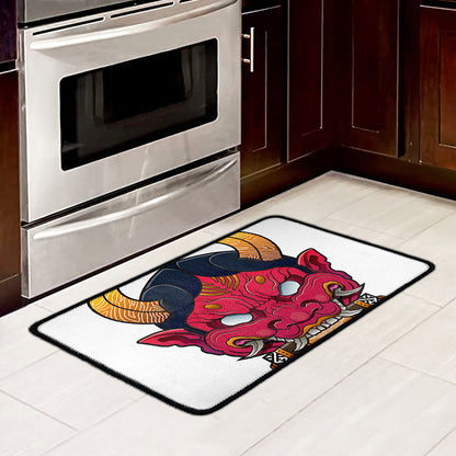 Japanese Demon Mask Print Kitchen Mat
