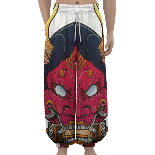 Japanese Demon Mask Print Lantern Pants