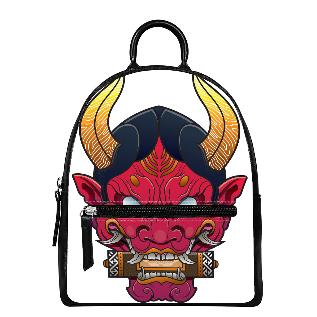 Japanese Demon Mask Print Leather Backpack
