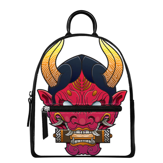 Japanese Demon Mask Print Leather Backpack
