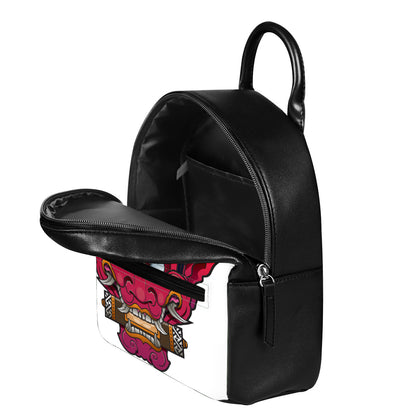 Japanese Demon Mask Print Leather Backpack