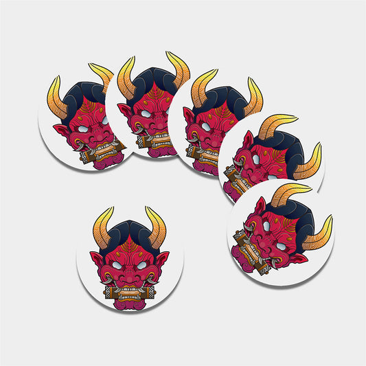 Japanese Demon Mask Print Leather Coaster Set