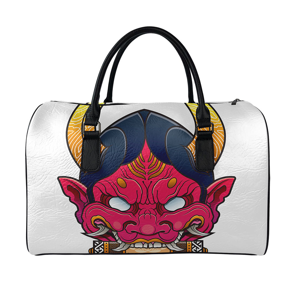 Japanese Demon Mask Print Leather Duffle Bag