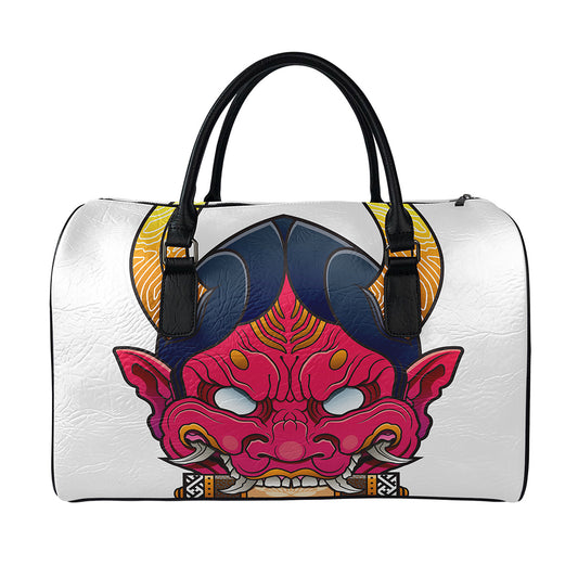 Japanese Demon Mask Print Leather Duffle Bag