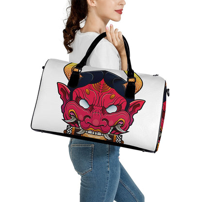 Japanese Demon Mask Print Leather Duffle Bag