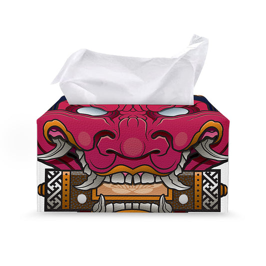 Japanese Demon Mask Print Leather Tissue Box Cover