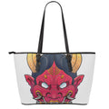 Japanese Demon Mask Print Leather Tote Bag With Zipper
