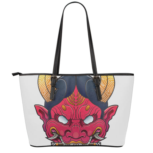 Japanese Demon Mask Print Leather Tote Bag
