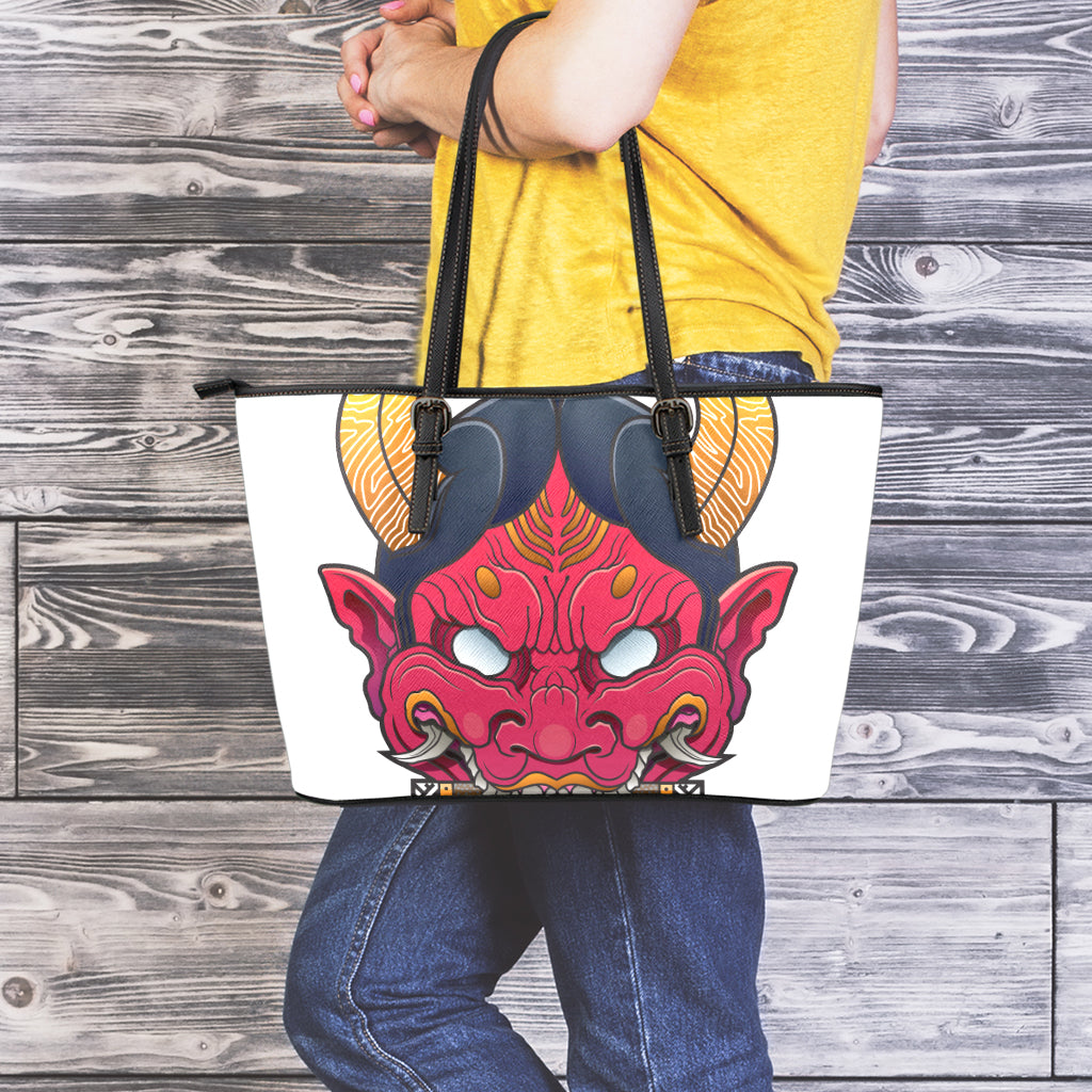 Japanese Demon Mask Print Leather Tote Bag