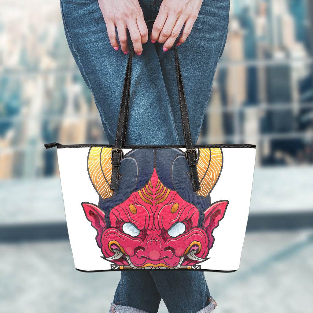 Japanese Demon Mask Print Leather Tote Bag