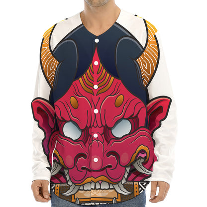 Japanese Demon Mask Print Long Sleeve Baseball Jersey