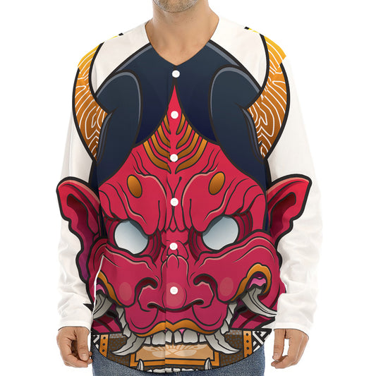 Japanese Demon Mask Print Long Sleeve Baseball Jersey