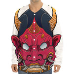 Japanese Demon Mask Print Long Sleeve Baseball Jersey
