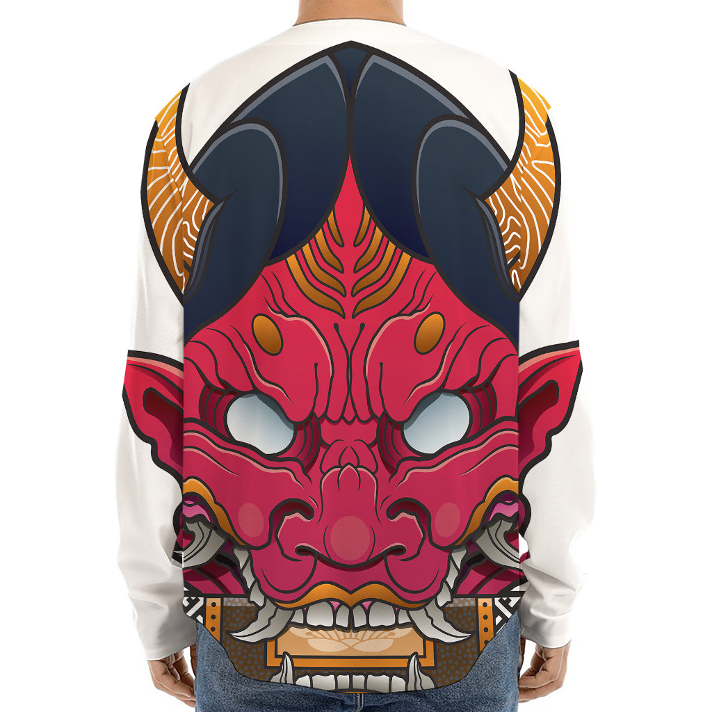 Japanese Demon Mask Print Long Sleeve Baseball Jersey