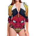 Japanese Demon Mask Print Long Sleeve Swimsuit
