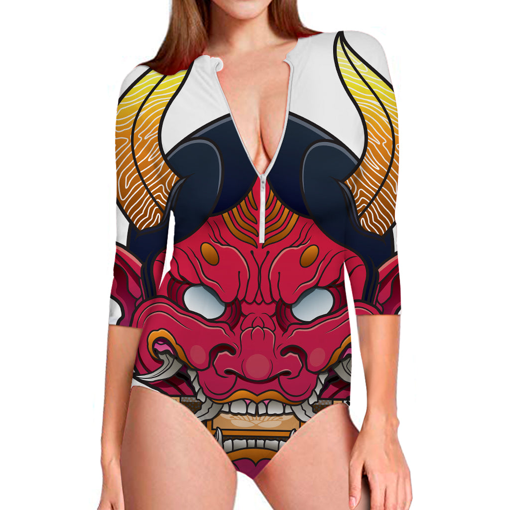 Japanese Demon Mask Print Long Sleeve Swimsuit