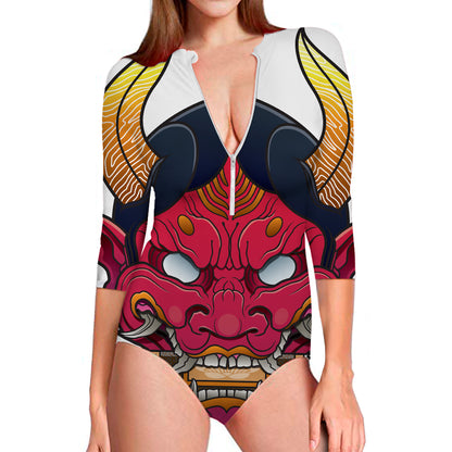 Japanese Demon Mask Print Long Sleeve Swimsuit