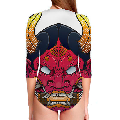 Japanese Demon Mask Print Long Sleeve Swimsuit