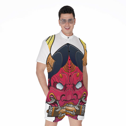 Japanese Demon Mask Print Men's Rompers