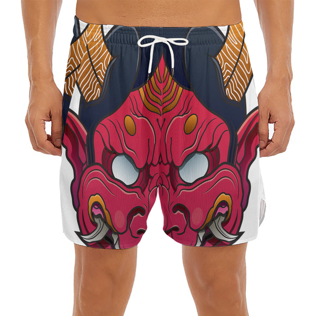 Japanese Demon Mask Print Men's Split Running Shorts