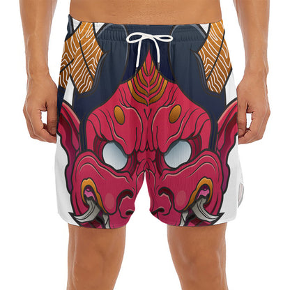 Japanese Demon Mask Print Men's Split Running Shorts