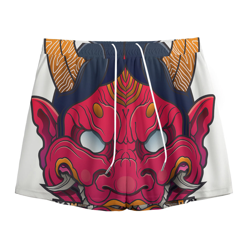 Japanese Demon Mask Print Mesh Shorts