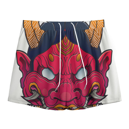 Japanese Demon Mask Print Mesh Shorts