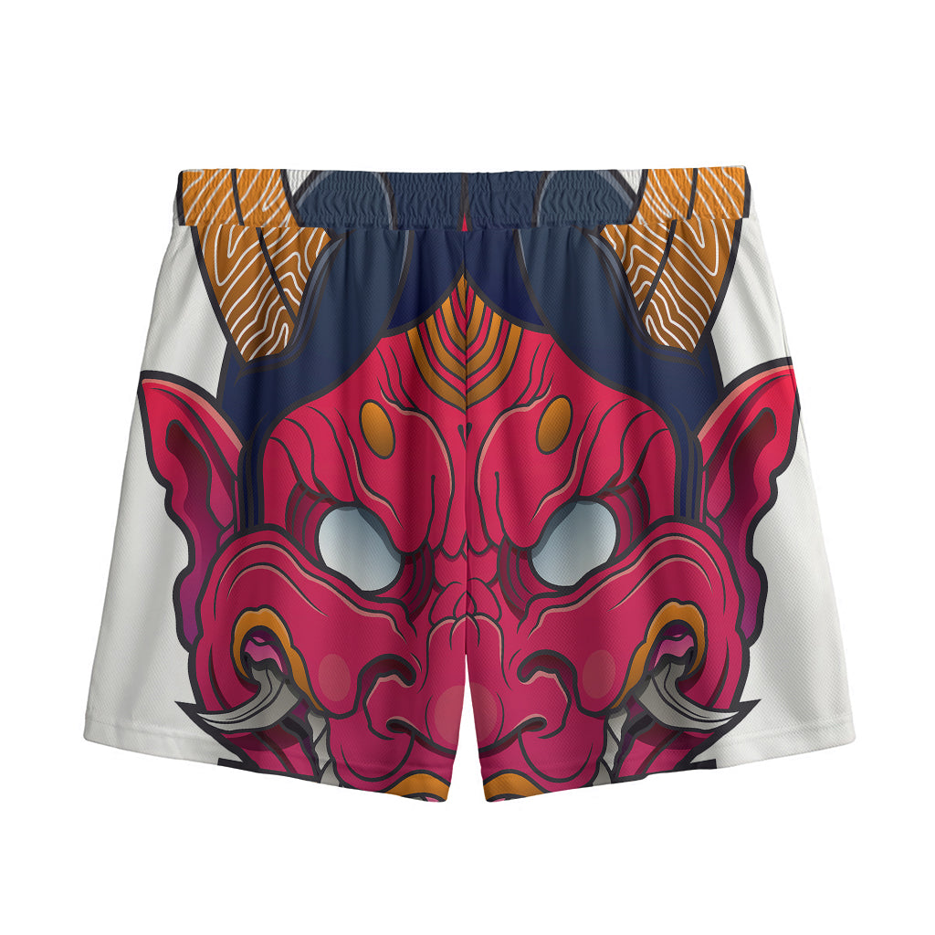 Japanese Demon Mask Print Mesh Shorts