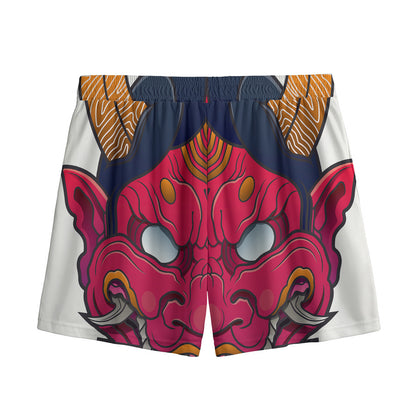 Japanese Demon Mask Print Mesh Shorts