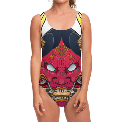 Japanese Demon Mask Print One Piece Swimsuit