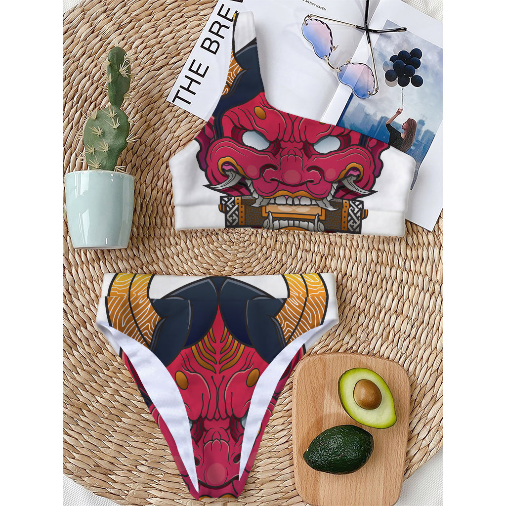 Japanese Demon Mask Print One Shoulder Bikini Top