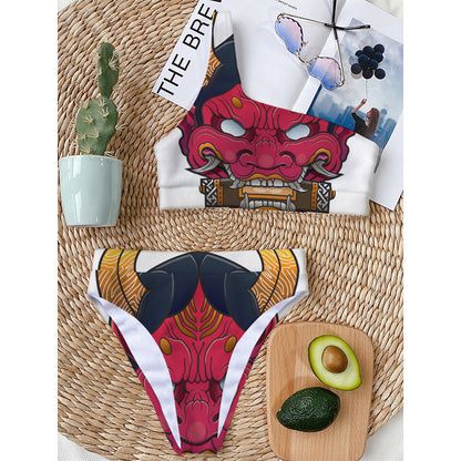 Japanese Demon Mask Print One Shoulder Bikini Top