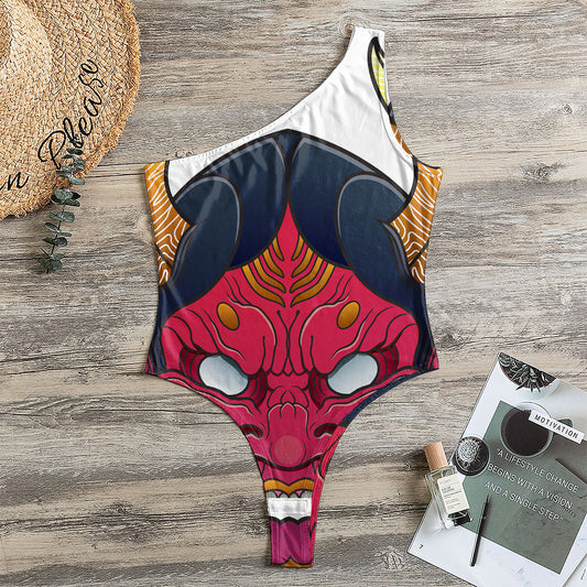 Japanese Demon Mask Print One Shoulder Bodysuit