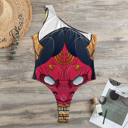Japanese Demon Mask Print One Shoulder Bodysuit