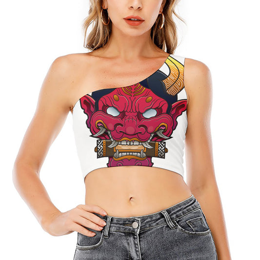 Japanese Demon Mask Print One Shoulder Crop Top