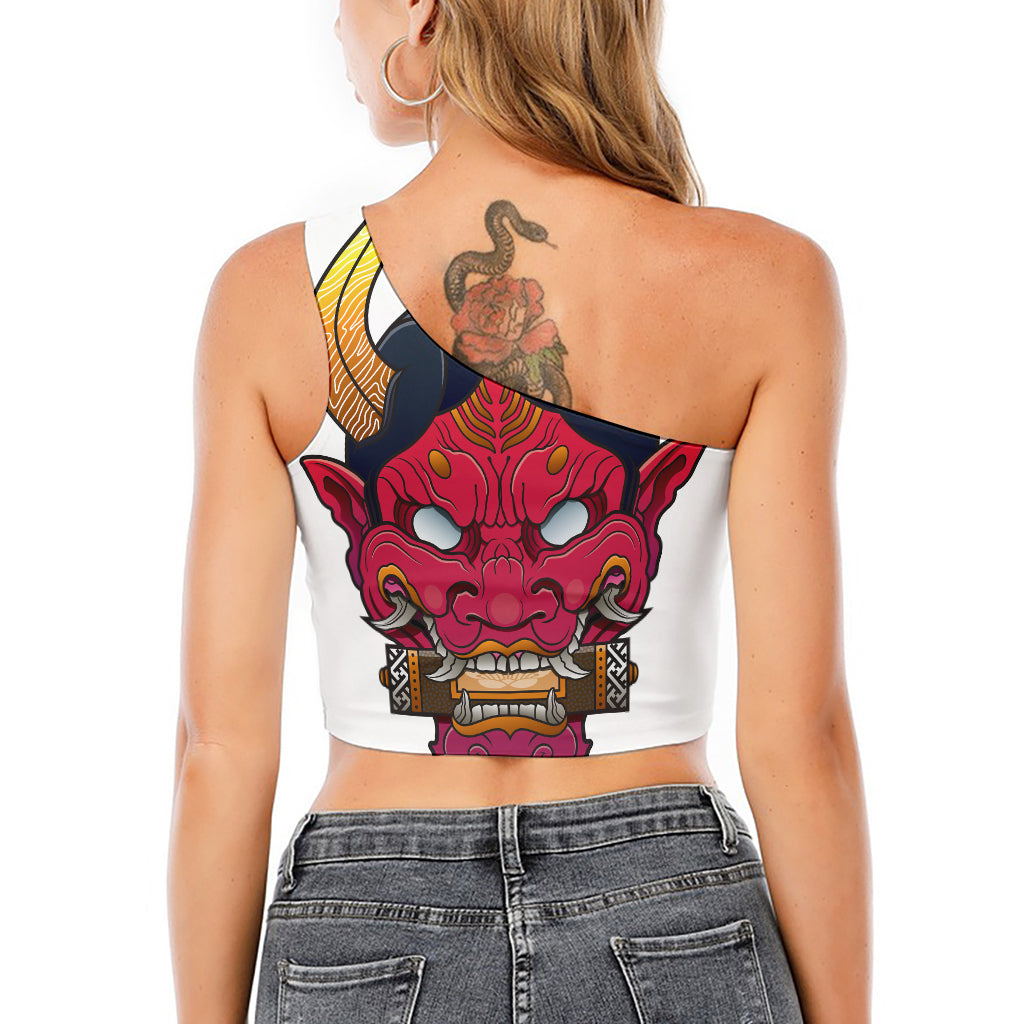 Japanese Demon Mask Print One Shoulder Crop Top