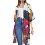 Japanese Demon Mask Print Open Front Beach Cover Up