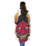 Japanese Demon Mask Print Open Front Beach Cover Up