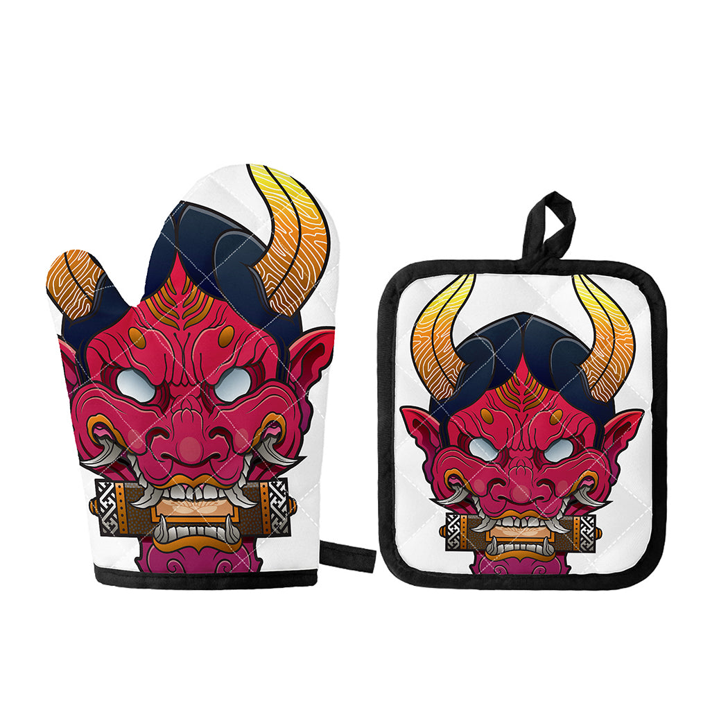 Japanese Demon Mask Print Oven Mitt And Pot Holder Set