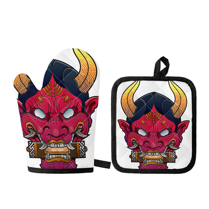 Japanese Demon Mask Print Oven Mitt And Pot Holder Set