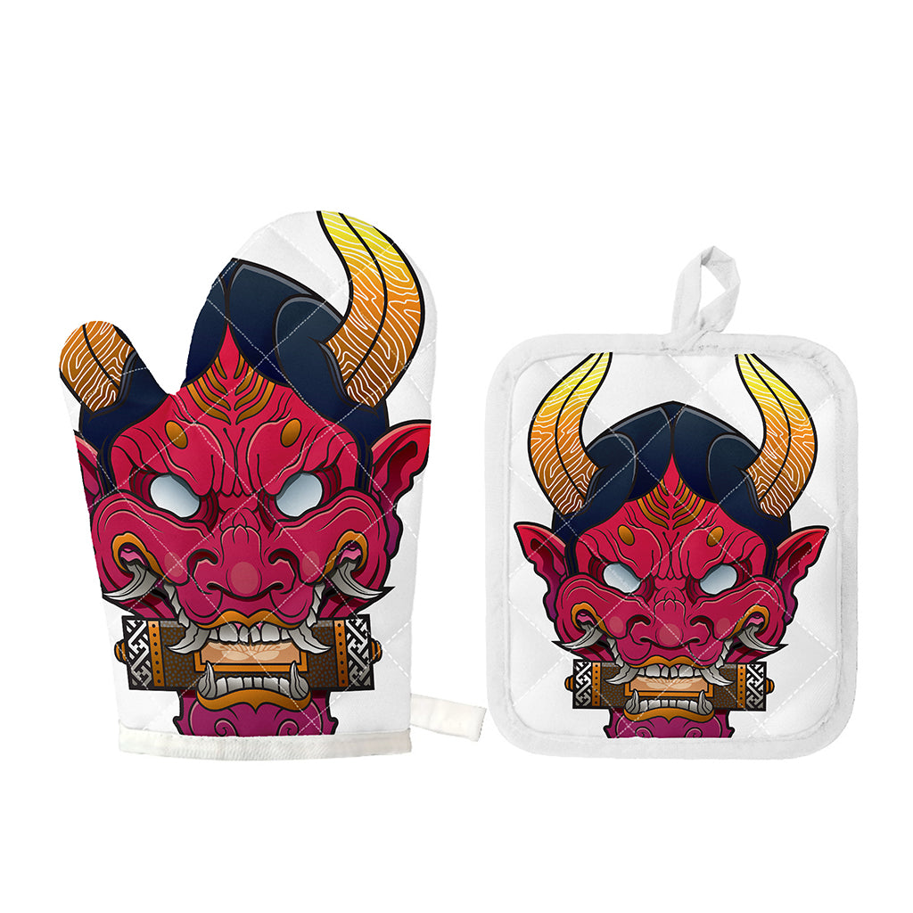 Japanese Demon Mask Print Oven Mitt And Pot Holder Set