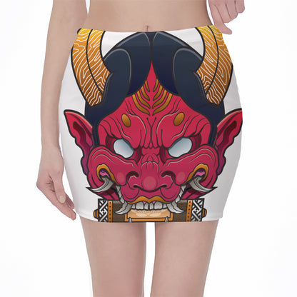 Japanese Demon Mask Print Pencil Mini Skirt